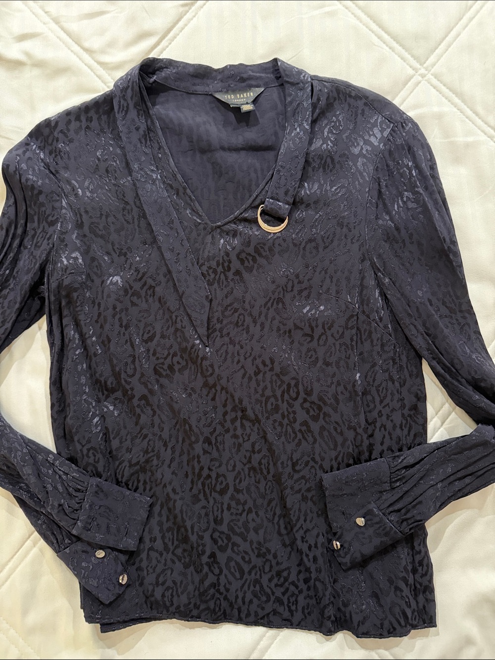 Ted Baker Black Leopard-Jacquard V-Neck Blouse with Ring Tie